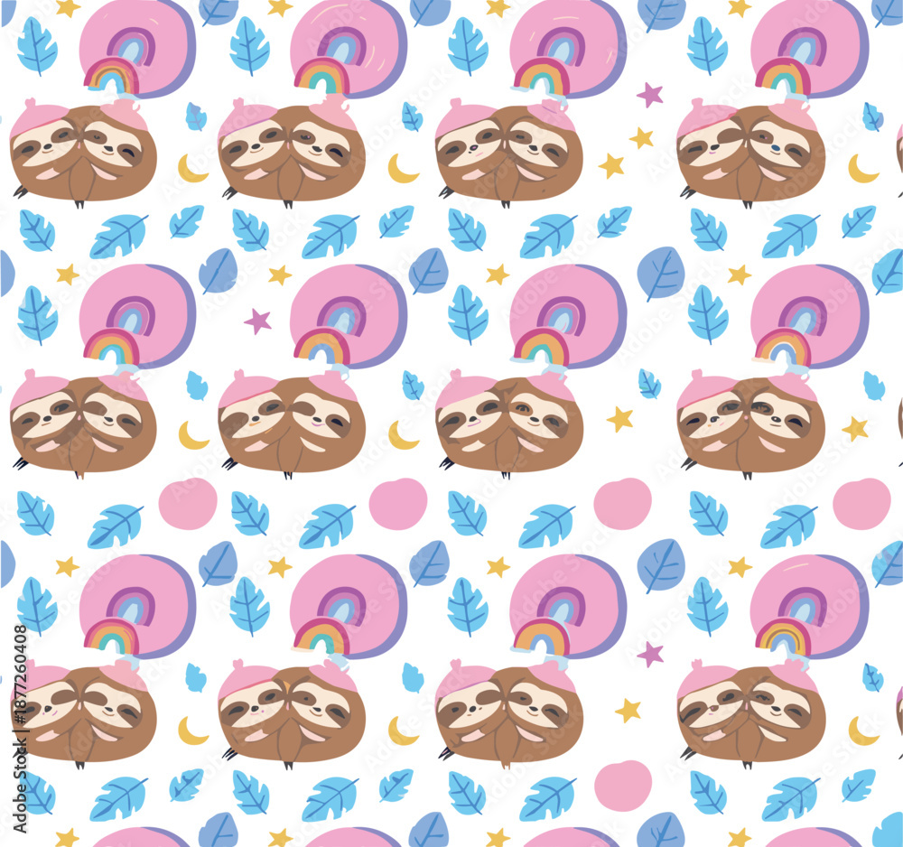 Fototapeta premium Cute seamless sloth pattern vector with rainbows, leaves, stars for kids fabric, wallpaper, nursery background design