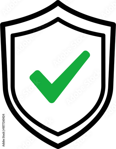 A white shield with a black outline and a green checkmark inside, symbolizing security, protection, and validation.