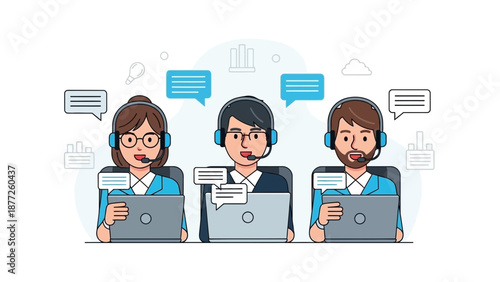 Customer Service Team with Laptops and Chat Bubbles, Flat Design