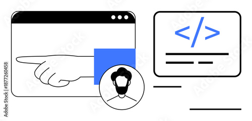 Web development, programming, user interface, coding education, software creation, technical guidance. A hand pointing inside a browser window, a user avatar and code symbols. Web development