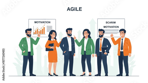 Agile business team discussing motivation and growth with charts