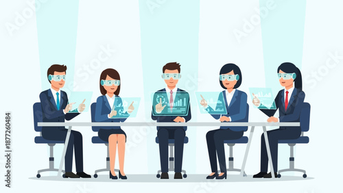 Business Team Collaborating with Futuristic Holographic Displays in Meeting