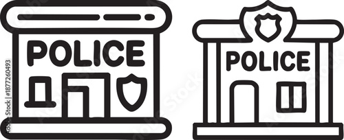 Police Station Building Icon Set Outline Style Law Enforcement Public Security Vector Symbol