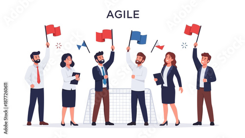 Agile Team Celebrating Success with Flags and Soccer Goal