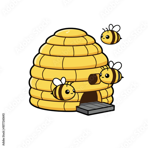 Cute Beehive with Flying Honey Bees Illustration