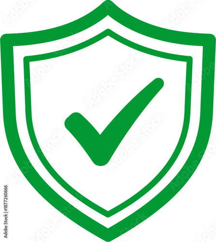 A green shield icon with a prominent green checkmark in the center, symbolizing security, protection, validation, and approval.