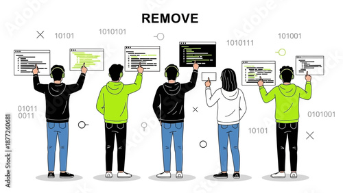 Diverse team of coders working on programming code, binary data, technology concept