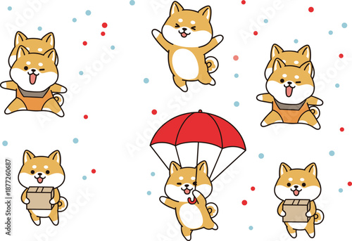 Cute Shiba Inu dog character set in playful poses, kawaii cartoon animal flat vector illustration