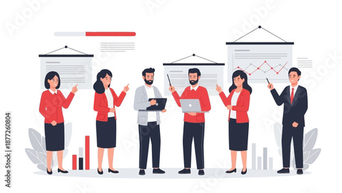 Business Team Presenting Data with Charts and Laptops - Meeting Concept
