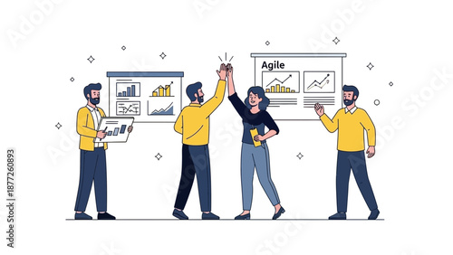 Teamwork success, business meeting, agile project management, high five celebration