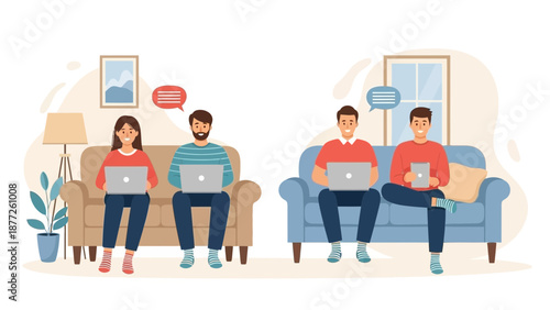 Diverse group using laptops and tablets on sofas, communication and remote work concept