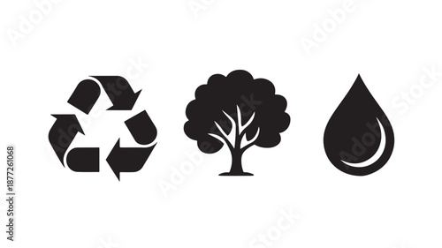 Eco-friendly symbols in minimalist design with black silhouette on white background for environmental awareness