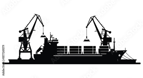 A striking black silhouette of a cargo ship docked at a busy port facility silhouette