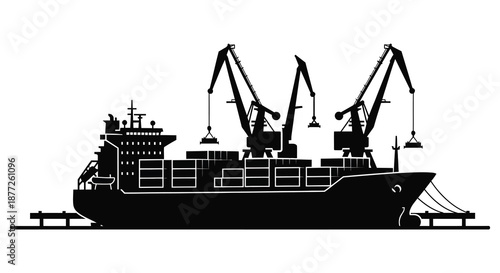 A striking black silhouette of a cargo ship docked at a bustling port facility silhouette