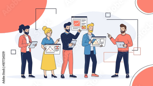 Diverse team collaborating on digital project with charts and graphs