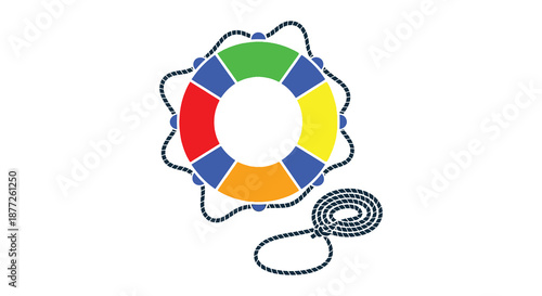 A vibrant life preserver ring with a rope depicted as a striking graphic silhouette