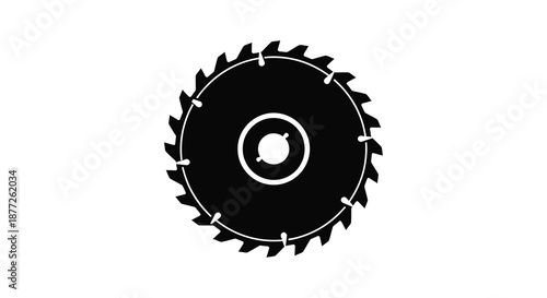 A striking black circular saw blade design stands prominently creating a bold silhouette