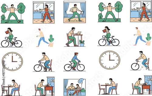 Daily routine and healthy lifestyle activities icon set, people exercising, working, cycling, and home activities flat vector