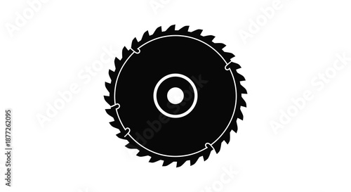 A striking black circular saw blade with sharp teeth a central hole and a bold silhouette