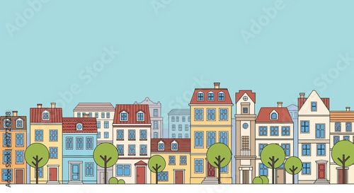 Colorful european city skyline illustration with cute houses and trees illustration