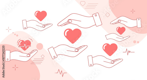 Conceptual illustration displaying care hands holding hearts symbolizing love and health support