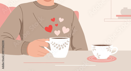 Cozy Illustration of a Person Enjoying Coffee with Hearts on Sweater During a Coffee Break