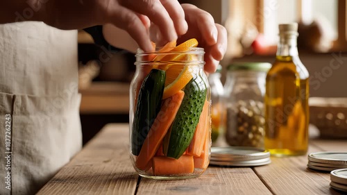 Person Arranging Fresh Vegetables in a Glass Jar on Wooden Table