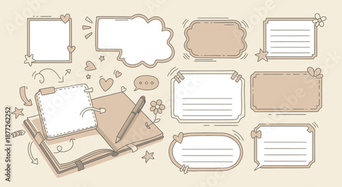 Cute doodle memo frames with book and pen perfect for creative journaling needs