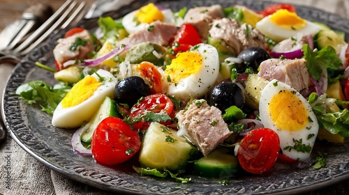 Classic Nicoise salad featuring tuna, hard-boiled eggs, olives, and fresh vegetables served on an ornate plate.