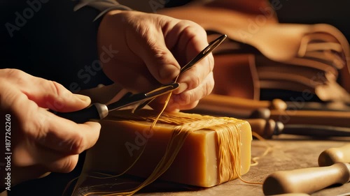 Close Up of Leatherworker Waxing Thread With Tool in Studio Setting
