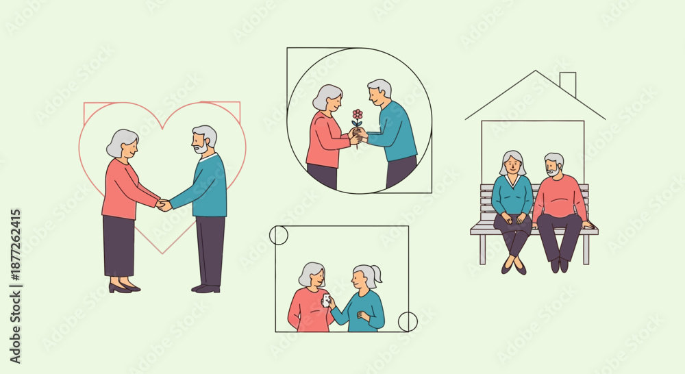 Fototapeta premium Lovely elderly couples enjoying togetherness, holding hands, exchanging flowers, sharing a moment