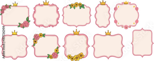 Elegant pink decorative frames with crowns and flowers, royal vintage labels for invitations and greeting cards