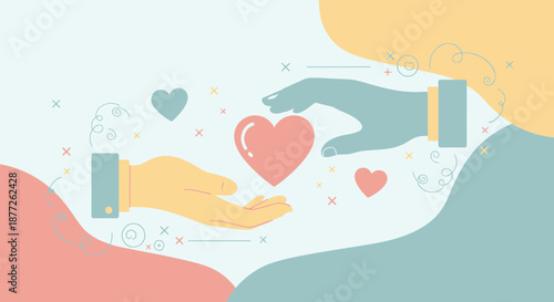 Illustrative image depicting hands exchanging hearts, symbolizing love and care