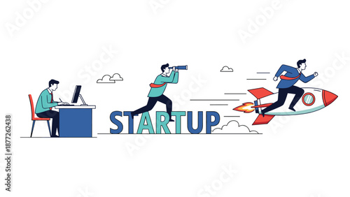 Business startup evolution process showing journey from initial idea at desk to high speed growth on a rocket.