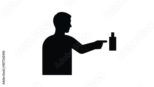 Silhouette of a man pointing his index finger directly toward a vertical rectangular object that resembles a button or a small bottle icon for signaling intent or direction