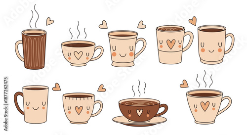 Whimsical coffee cups and hearts in a cute cartoon style arrangement for various design project