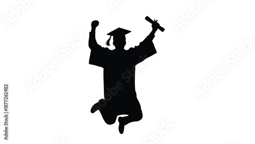 Silhouette of a joyful graduate leaping high into the air while celebrating academic achievement and holding a rolled diploma certificate against a stark white background suggesting success