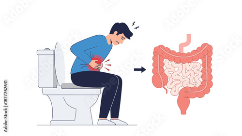 Digestive health and abdominal pain awareness concept with man sitting on toilet next to intestinal medical diagram.
