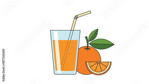 Refreshing healthy beverage with glass of fresh orange juice including straw and whole orange fruit for vitamins.