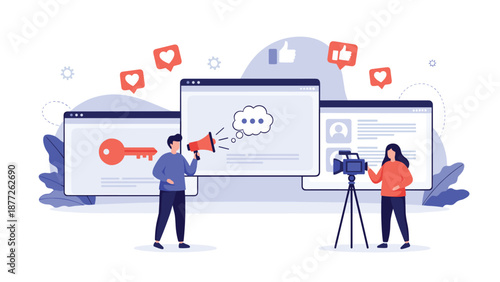 Social media content creation and digital marketing concept with professionals filming presentation for engagement.