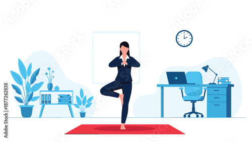 Professional businesswoman practices a tree yoga pose in her office to maintain mental health and work-life balance during a busy corporate workday.