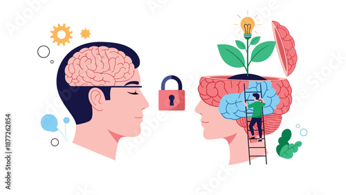 Metaphorical illustration of mindset growth showing one locked brain and another open mind where a person is climbing to plant new creative ideas.