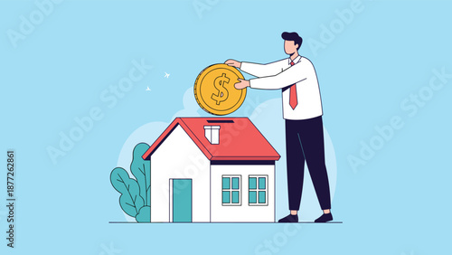Responsible man makes a secure investment by placing a large gold dollar coin into a house shaped piggy bank for future home ownership and savings.