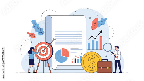 Team of professionals conducts a detailed business analysis with financial charts and growth metrics to reach strategic organizational goals and targets.