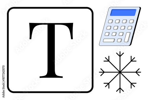 Education, weather data, calculation tools, typography design, winter theme, digital communication. Large T, snowflake and calculator illustration. Education and weather data concept
