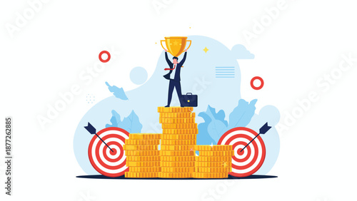 Victorous businessman stands proudly on a stack of gold coins holding a trophy between two targets to celebrate his financial success and achievements.