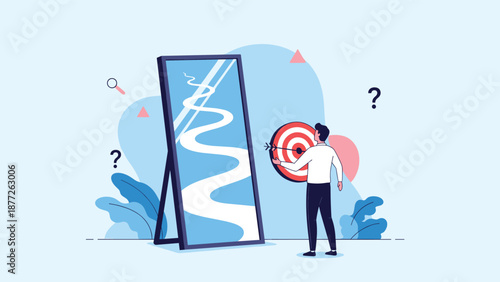 Visionary man holding a target looks into a large mirror reflecting a long winding path symbolizing his future goals and the journey ahead to reach them.