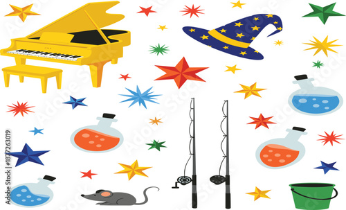 Fantasy magic objects vector set with piano, wizard hat, potions, stars, mouse, fishing rods, and whimsical elements illustration