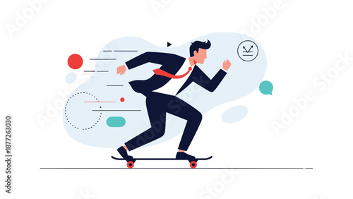Dynamic businessman in a suit and red tie rides a skateboard with speed lines indicating fast paced innovation and rapid movement in the business world.