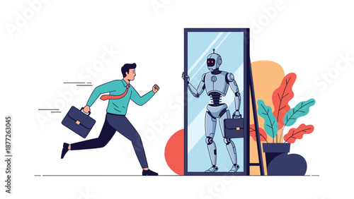 A businessman runs towards a full length mirror that reflects a robot in the same pose holding a briefcase symbolizing the rise of automation in jobs.